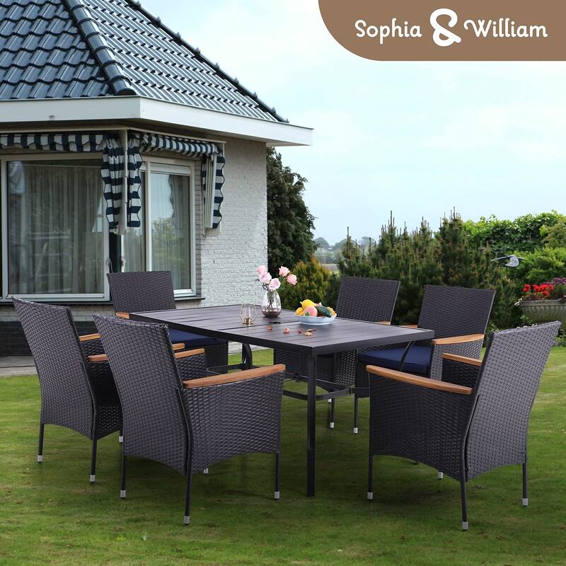 7 Pieces PE Rattan Patio Dining Sets, Modern Wicker Conversation Armhairs with Cushions and 2.6" Umbrella Hole - Black