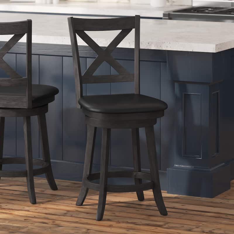 Modern Ladderback Wooden Upholstered Swivel Counter Height Stool - Gray Wash Walnut/Black