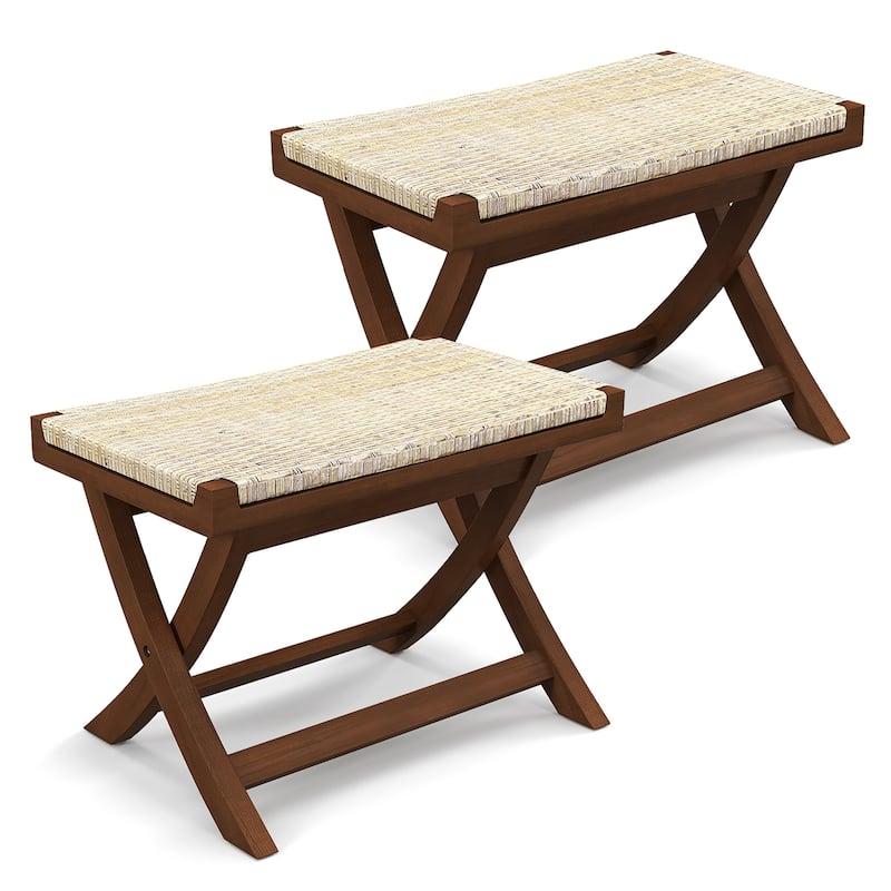 Gymax 2PCS Folding Natural Rattan Ottoman w/Hand-woven Seat & X-shaped - Brown - Small
