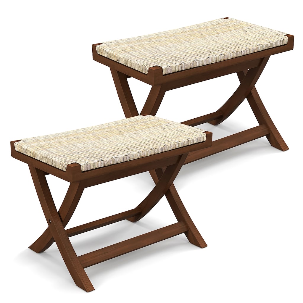 Gymax 2PCS Folding Natural Rattan Ottoman w/Hand-woven Seat & X-shaped