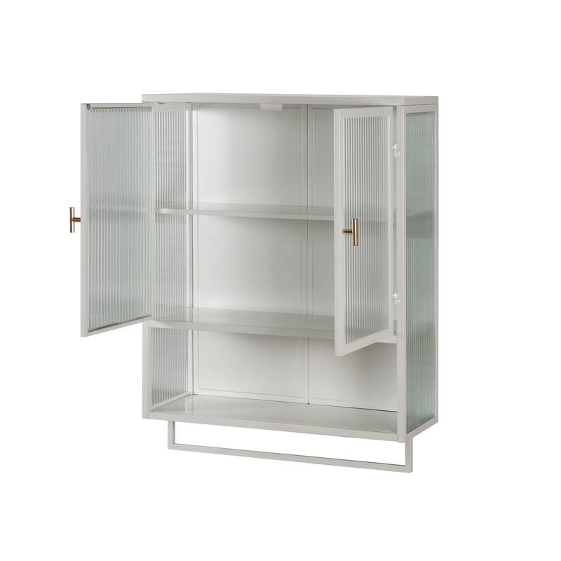 23.62"Glass Doors Modern Two-door Wall Cabinet with Featuring Two-tier Enclosed Storage, an Open Shelf, and Towel Rack