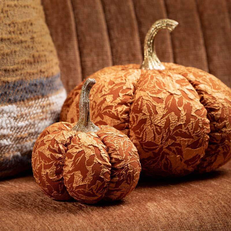 6.25"H and 8.5"H Sullivans Brocade Pumpkin - Set of 2, Fall Decor, Orange - 10"L x 10"W x 8.5"H, 6"L x 6"W x 6.25"H