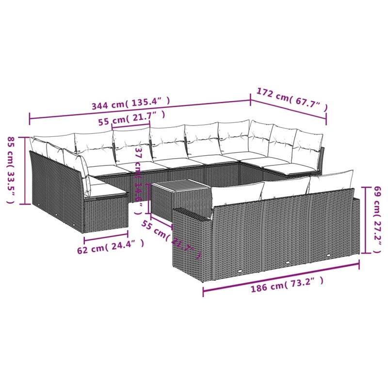 vidaXL Patio Sofa Set with Cushions Outdoor Furniture 14 Piece Poly Rattan - 24.4 x 25.8 x 27.2