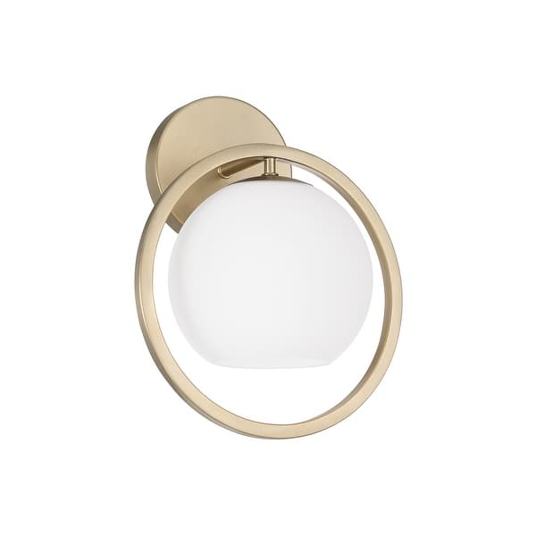 slide 2 of 5, 9.5" W X 12" H 1-Light Circle Sconce with Soft White Glass - 9.5"W x 11.5"H x 8"E Matte Brass