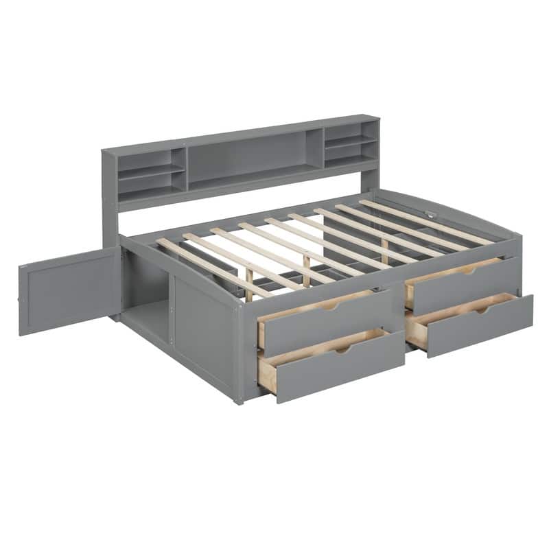 Wood Full Size Daybed with 2 Bedside Cabinets, Upper Shelves and 4 Drawers