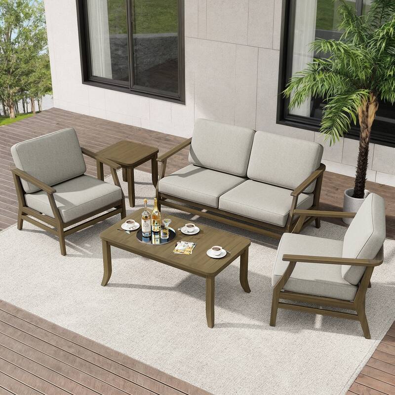 Teak Outdoor Patio Seating Set with Loveseat, Chairs and Tables (5-Piece)