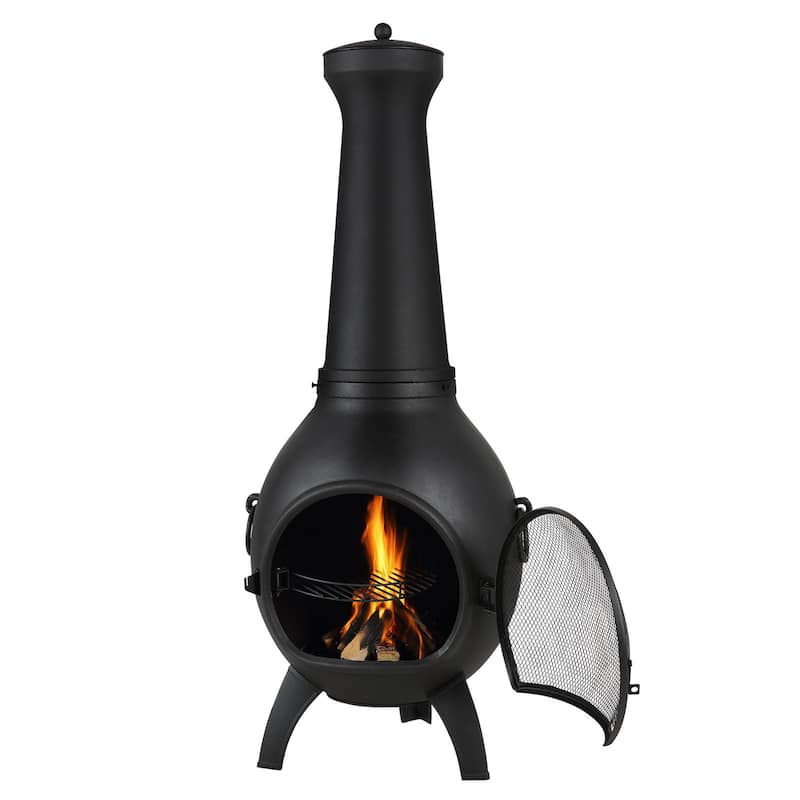 Black Aluminum Spherical Chiminea with BBQ Grill and Rainproof Cover