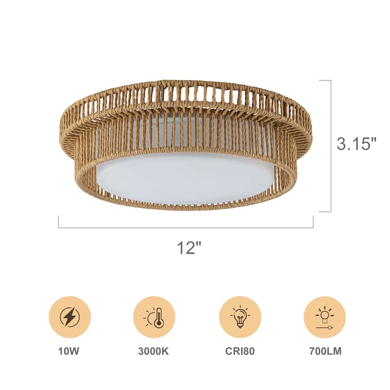 Integrated LED Brown Paper Rope Woven Shade with Opal Glass Flush Mount Ceiling Light - W12" × D12" × H3.2"