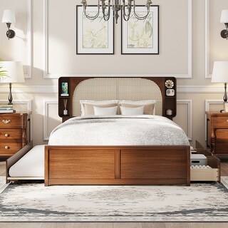 Queen Size Platform Bed with Two Drawers, Wooden Bed with Trundle, Kid's Bed with Rattan Storage Headboard, Brown