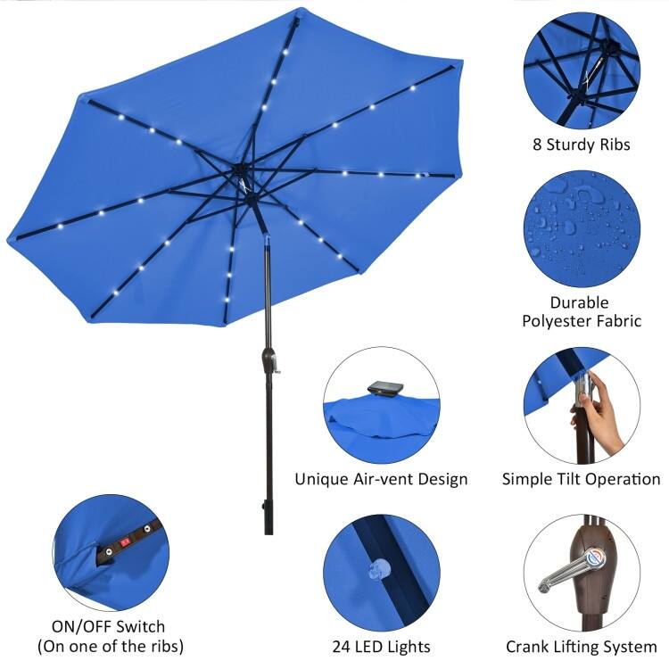 10' Solar LED Lighted Patio Market Umbrella Shade Tilt Adjustment Crank