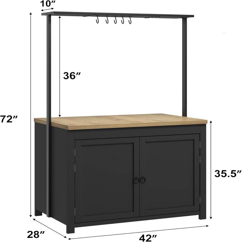 41" Kitchen Island with Storage, 1.2" Countertop with Double Shelves, 5 Hooks, Metal Coffee Bar Table, Black