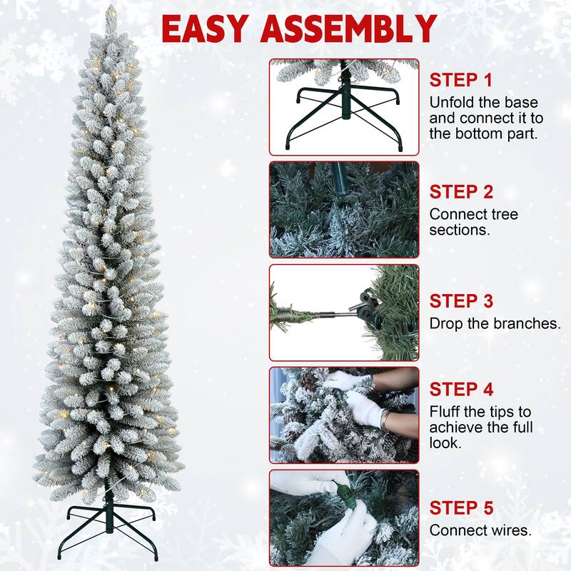 7FT Flocked Pencil Christmas Tree with 200 Warm White LED Lights-Slim Snowy PVC Tree with 469 Tips, Metal Stand