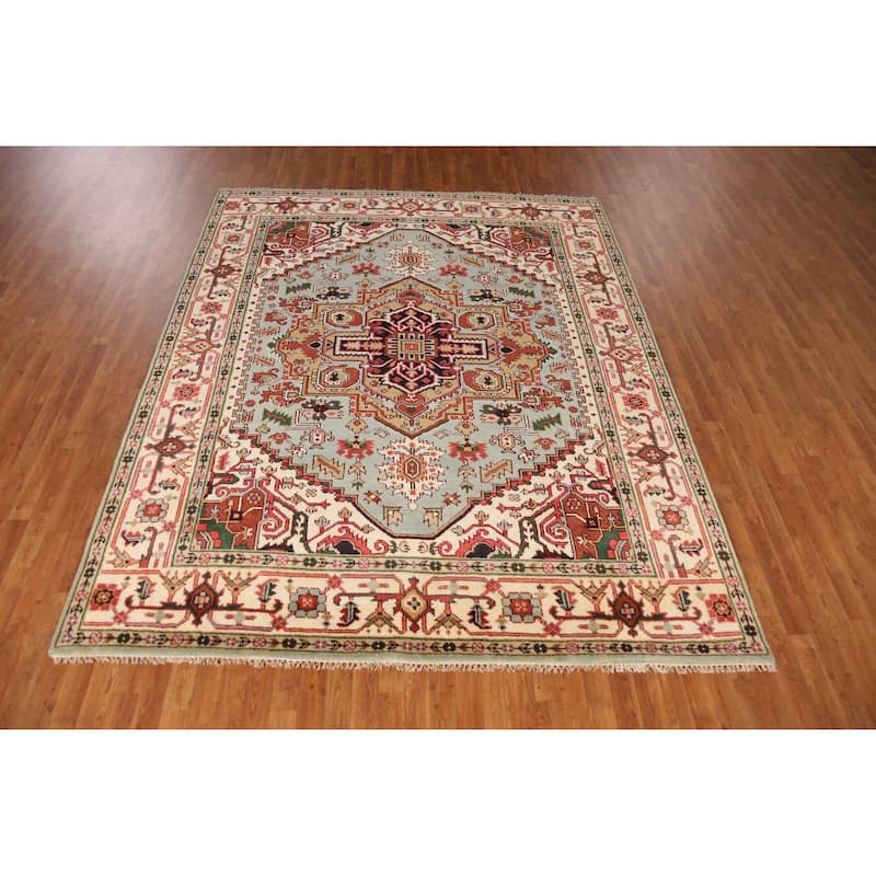 Light Blue Medallion Heriz Serapi Indian Rug Hand-Knotted Wool Carpet - 7'11" x 9'10"