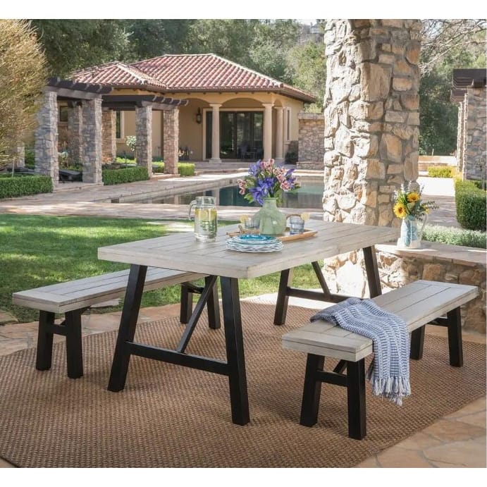 Outdoor 3 Piece Acacia Wood Rectangular Dining Table Set with 2 Benches Slatted Tabletop Patio Garden Picnic Table