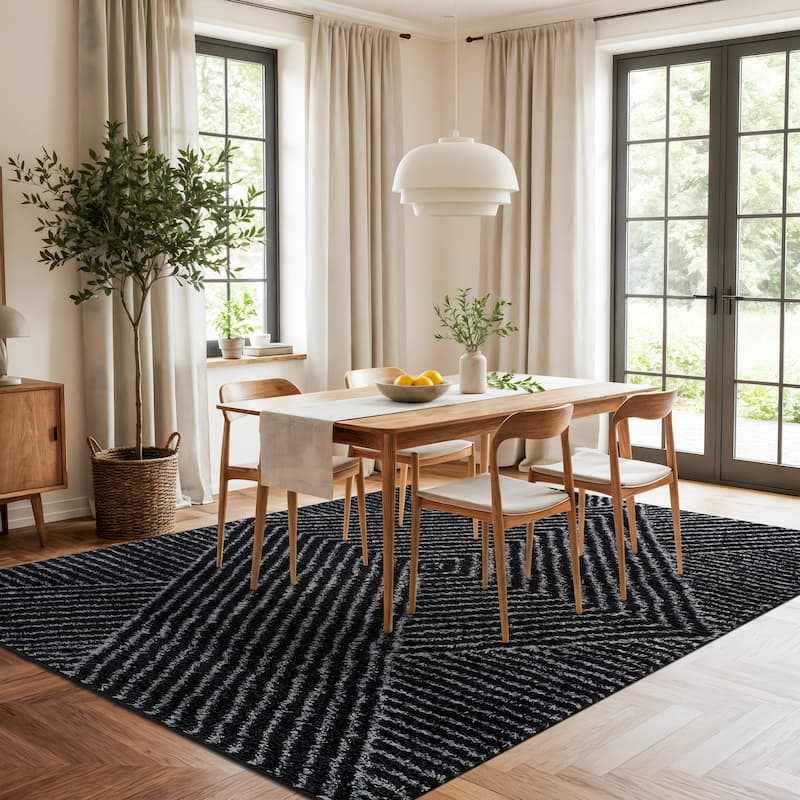 Minimal Stripe Geometric Shag Rug - Anthracite Dark Gray - Medium Pile - Cozy & Modern