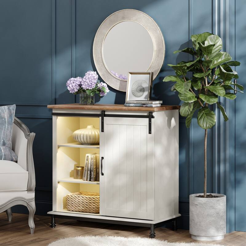 WAMPAT Farmhouse Coffee Bar Cabinet Storage Sideboard - yellowlight - MILK YELLOW LIGHT