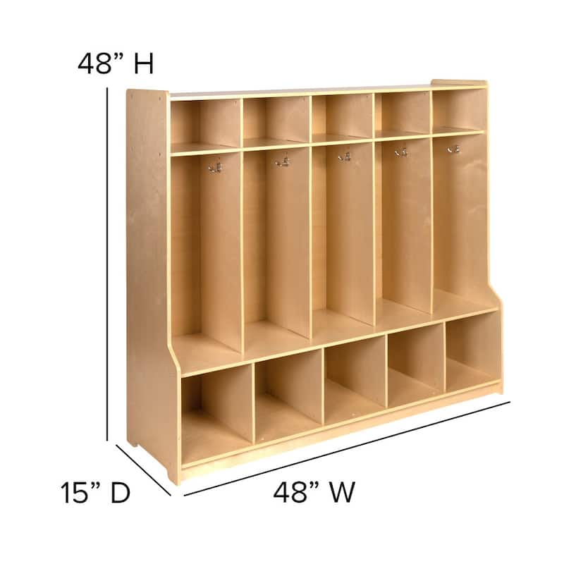 Wood School Coat Locker with Bench, Cubbies and Storage Organizer Hook - 48"W x 13.375" - 15"D x 48"H