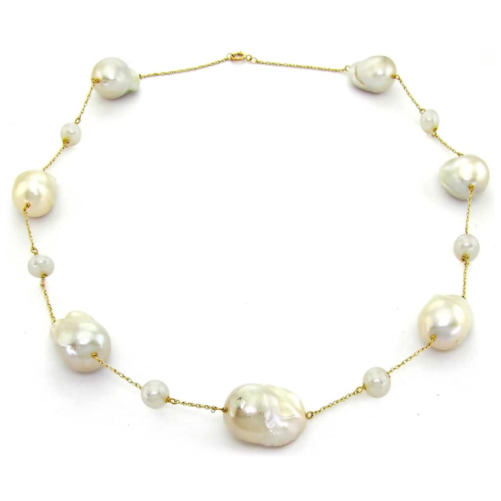 DaVonna 14K Yellow Gold White 12-14mm Baroque Pearls Chain Necklace