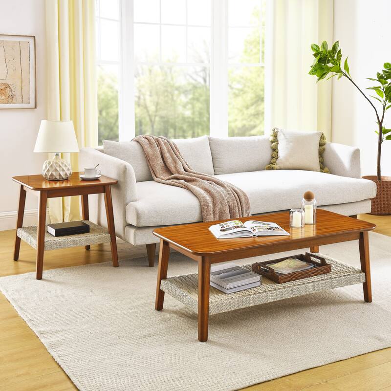 Mid-Century Coffee Table with Woven Shelf