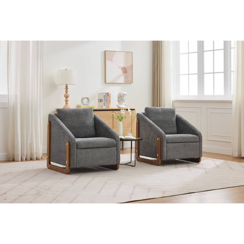 Modern Chenille Upholstered Armchair with Wooden Side Frame, Single Accent Leisure Chair with Backrest for Living Room, Bedroom