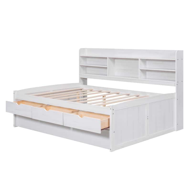 White Full Size Wooden Captain Platform Bed with Built-in Bookshelves, Three Storage Drawers and Trundle