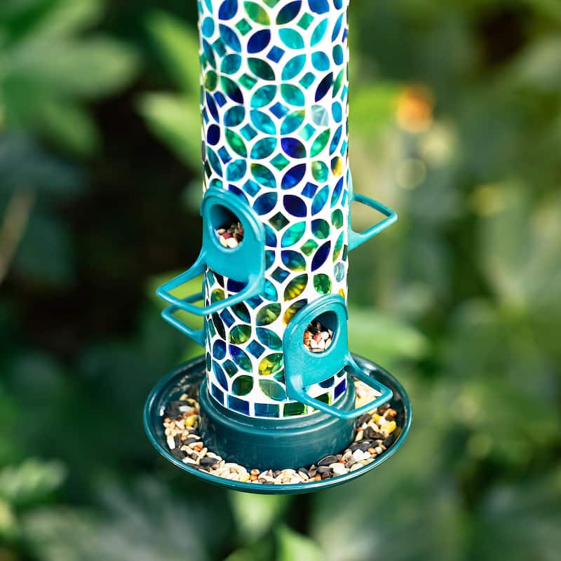 Glitzhome 20''H Tall Hanging Blue/Green Mosaic Birdfeeder