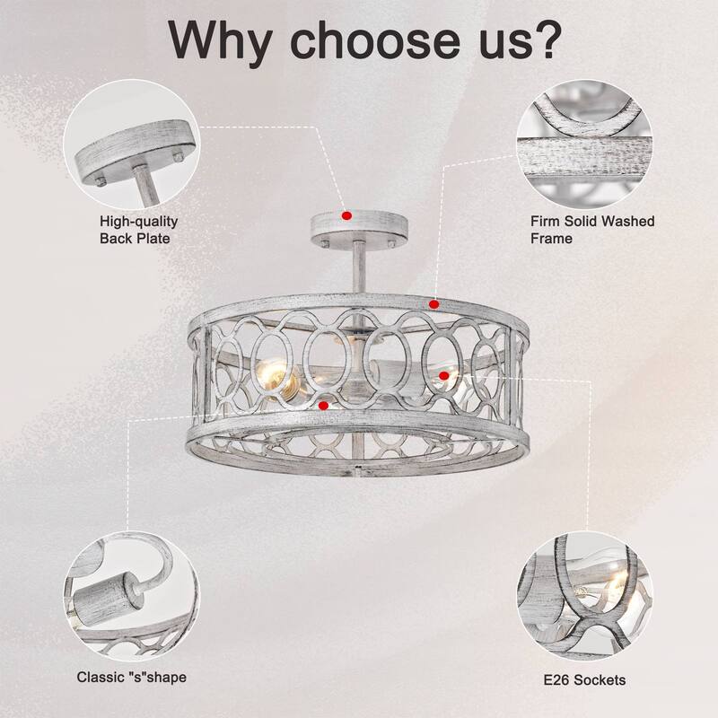 Cusp Barn 18in. Rustic Farmhouse Ceiling Light, 3-Light Matte White Chandelier, Modern Cage Metal Pendant Light - 18.11-inch