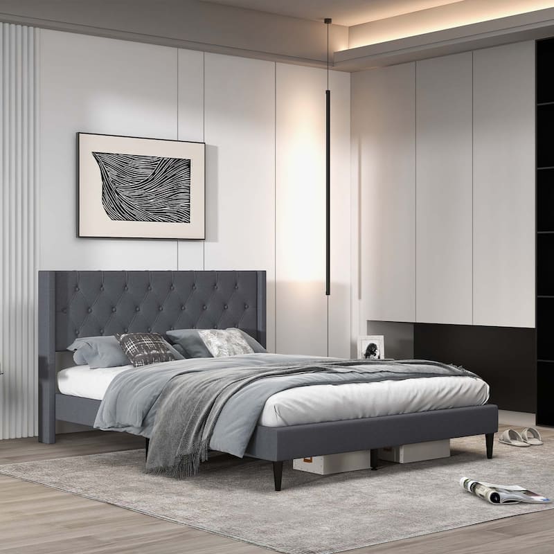 Costway Queen Size Upholstered Platform Bed with Button Tufted