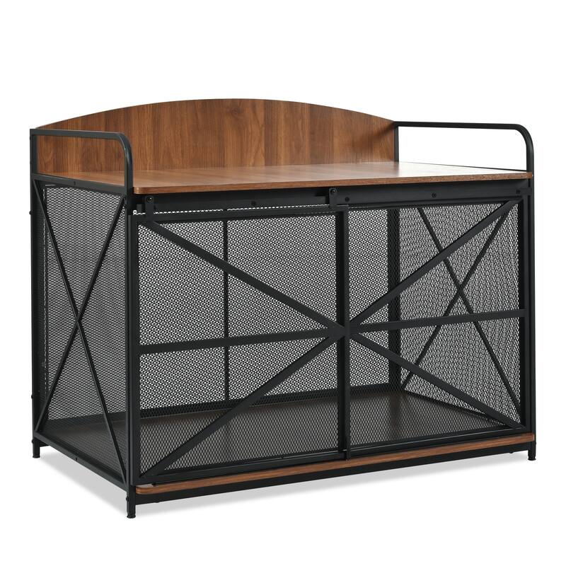 Wood Large Dog Crate Furniture with Curved Back Panel and Sliding Door, Dog Kennel Indoor End Table, Decorative Pet House