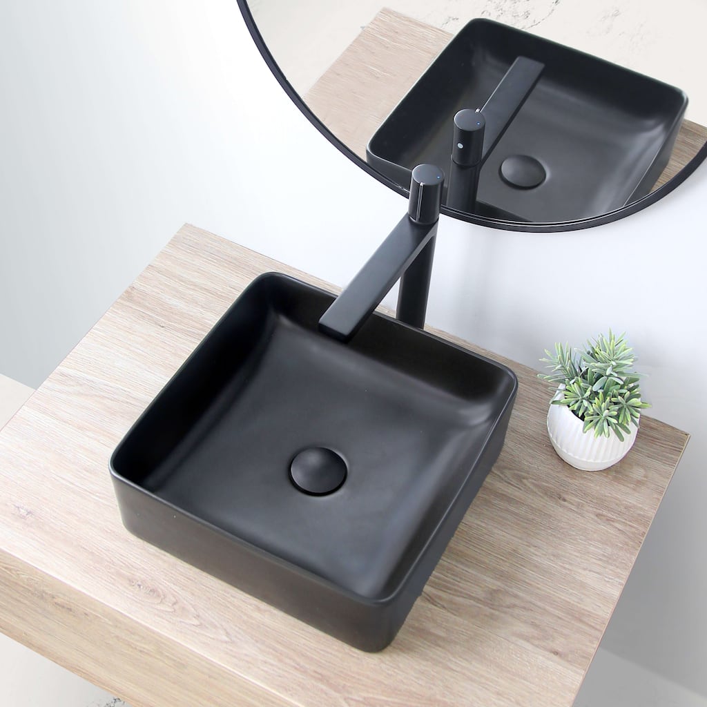 STYLISH Porcelain Rectangular 14-1/2-inches Vessel Ceramic Bathroom Sink - 14 1/2" x 14 1/2" x 5"