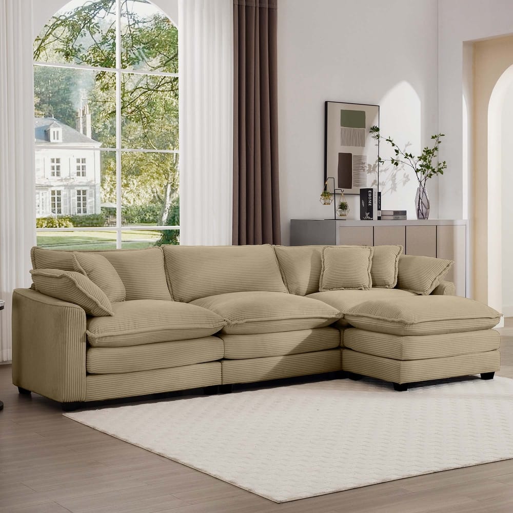 3-Seat Modular Deep Seat Couch Set with Ottoman, L-Shaped Upholstered Sectional Sofa with Throw Pillows for Livingroom