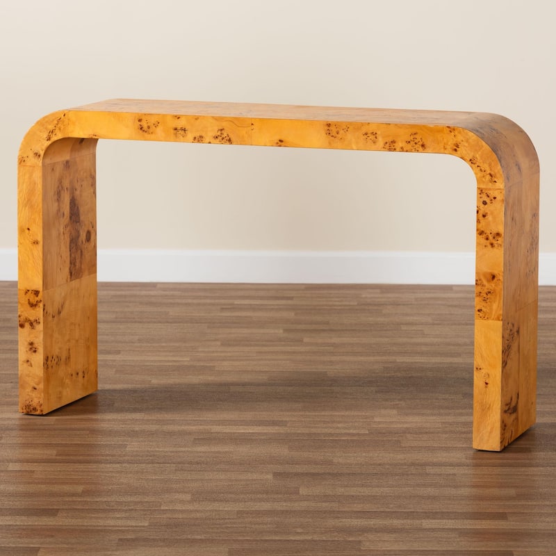 Revelle Real Burl Wood Console Table - Modern Entryway or Sofa Table with Waterfall Design and Minimalist Silhouette