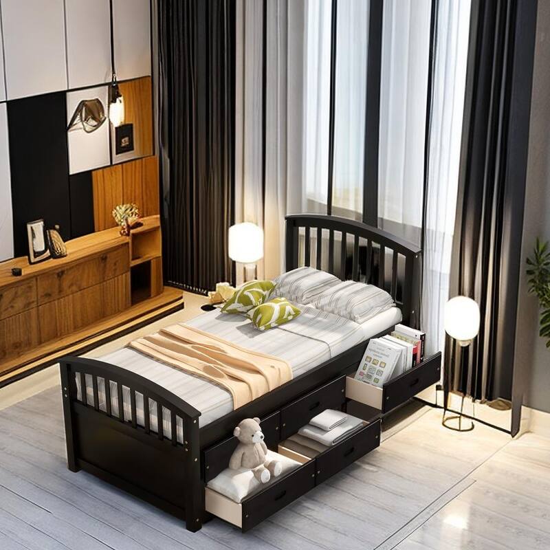 Twin Bed with Under Bed Storage Drawers Storage Bed Solid Wood Bed with 6 Drawers