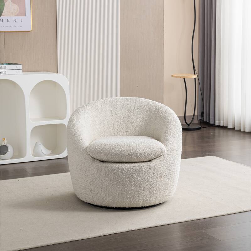 Modern 31" Boucle Upholstered Barrel Chair with 360° Swivel and Round Metal Base