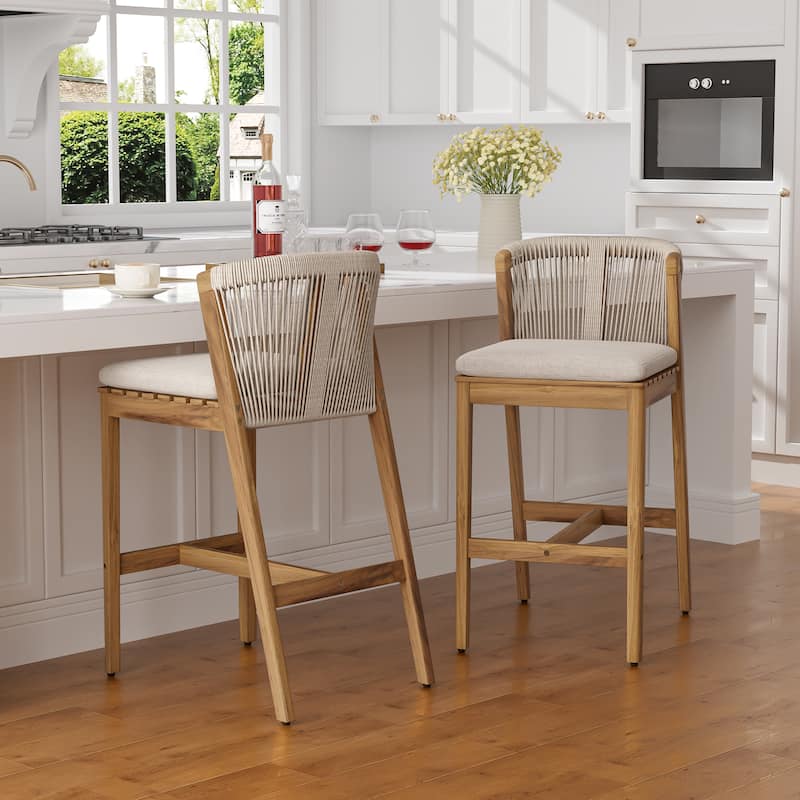 Christopher Knight Home - Louie Outdoor Charm Acacia Wood Rope-Weave Barstool Set with Cushions - Teak Finish+Beige Cushion