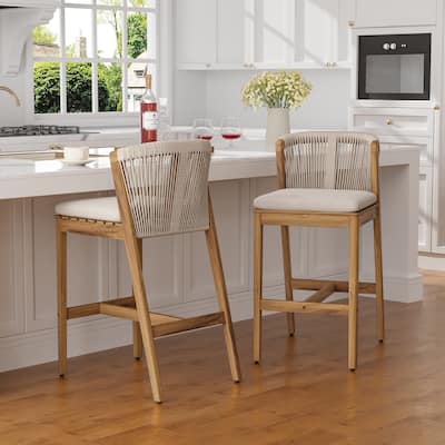 Christopher Knight Home - Louie Outdoor Charm Acacia Wood Rope-Weave Barstool Set with Cushions