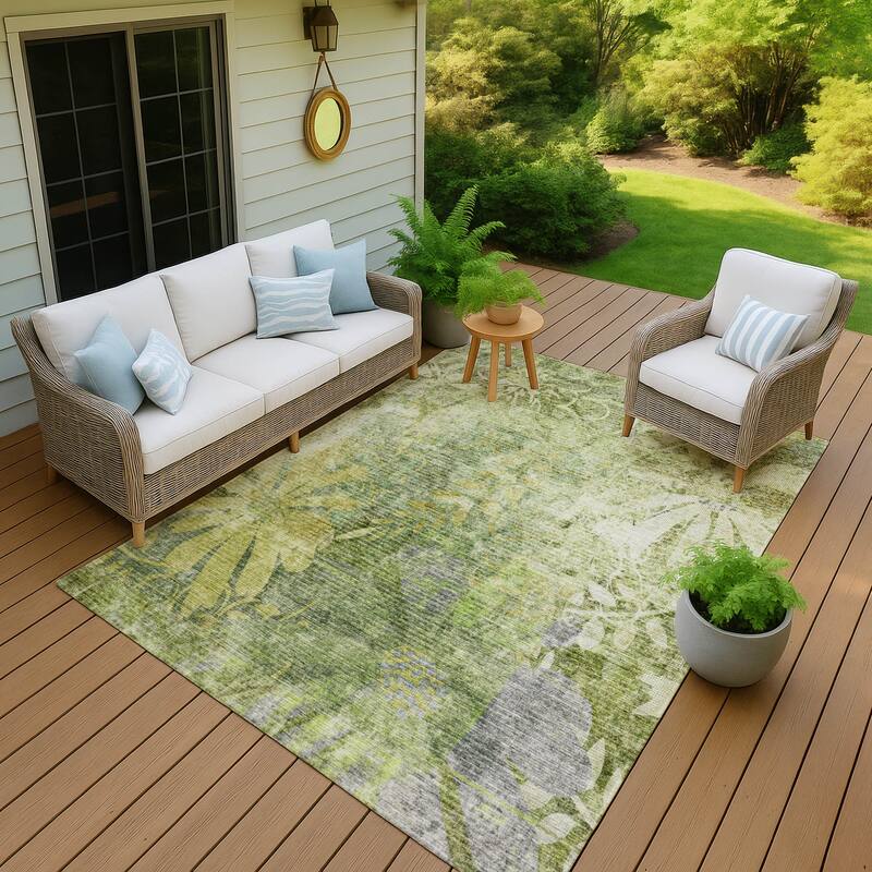 Machine Washable Indoor/ Outdoor Modern Floral Chantille Rug - Aloe - 3' x 5'
