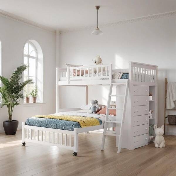 slide 2 of 44, Contemporary Wooden Twin Over Full Bunk Bed With Six Drawers And Flexible Shelves, Bottom Bed With Wheels, Space-saving, White White