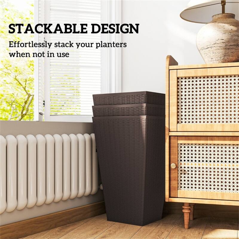 3-Piece Garden Pot Set with Drainage Hole and Rattan Design - 14.25" L x 14.25" W x 24" H