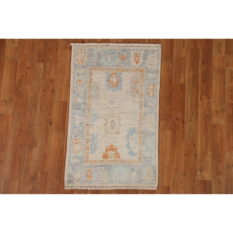 Hand Knotted Oriental 100% Wool Carpet Transitional Geometric Beige & Ivories Oushak Area Rug - 2' 11'' X 1' 10''