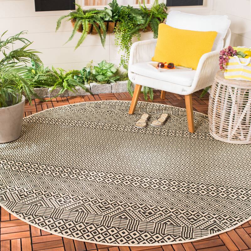 SAFAVIEH Courtyard Velia Indoor/ Outdoor Waterproof Patio Backyard Rug - 6'7" x 6'7" Round - Beige/Black