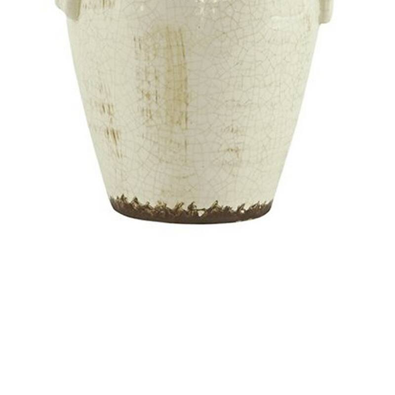 Ceramic Table Lamp with Vase Shaped Body and Fabric Shade, White and Beige