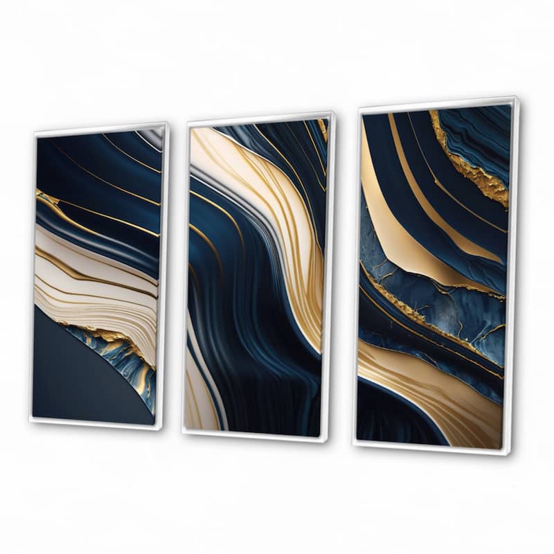 Designart "Abstract Geode Waves Blue And Gold II" Modern Waves Framed Canvas Art Print - 3 Panels
