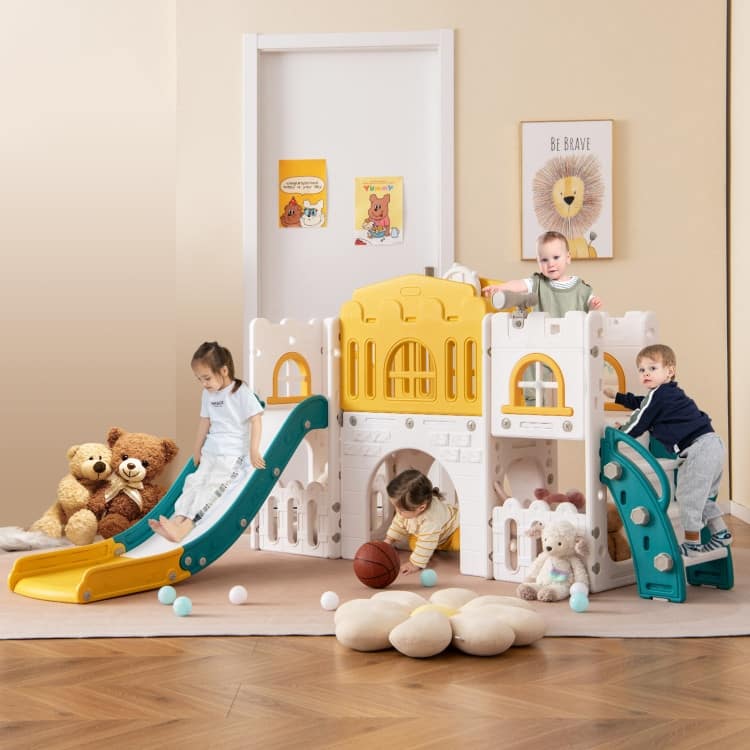 Yellow-Green-White HDPE Kids Slide Set with Climber, Tunnel and Hoop - 69.5" x 70" x 40.5" (L x W x H)