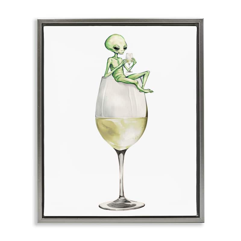 Stupell Alien Perched on Champagne Glass Framed Floater Canvas Wall Art Design By Lil' Rue - 25 x 31 - Grey