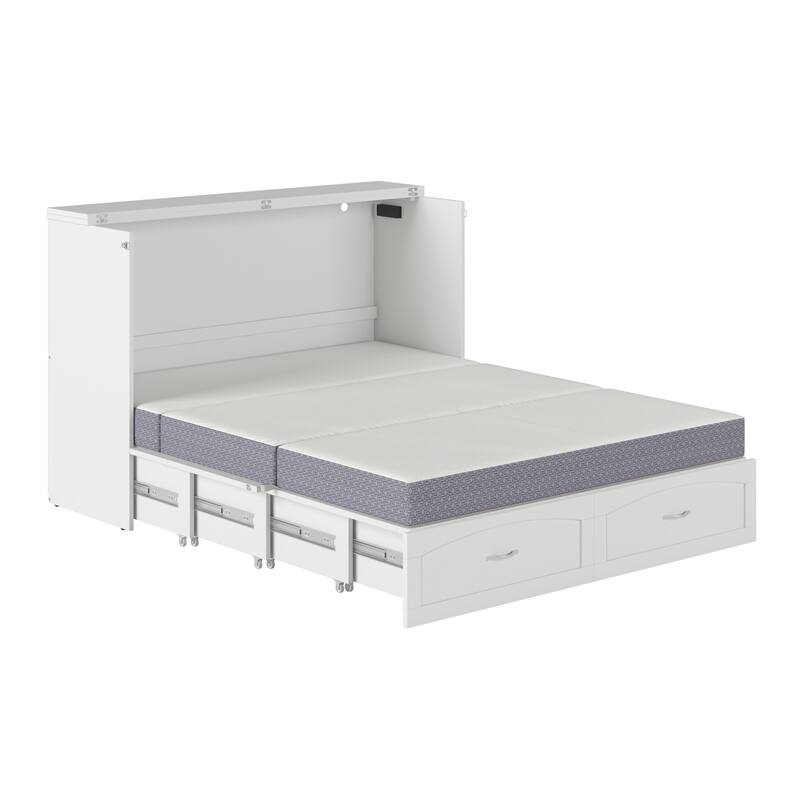 Marion Queen Murphy Bed Chest with 6" Mattress, Storage Drawer & Built-In Charger