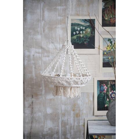 Handwoven Cotton Macrame Pendant Lamp, Fringed Metal and Cotton Lighting