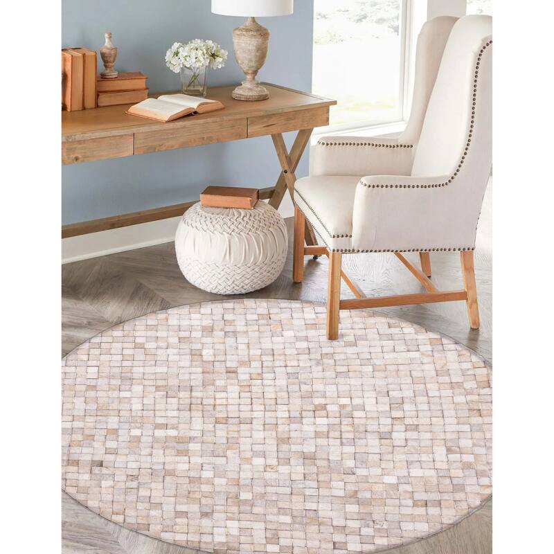 ECARPETGALLERY Handmade Cowhide Patchwork Ivory Leather Rug - 5'0 x 5'0