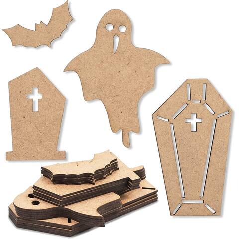 Unfinished Wood Cutouts for Halloween DIY Crafts, Bat, Coffin, Ghost, Tombstone (24 Pieces)