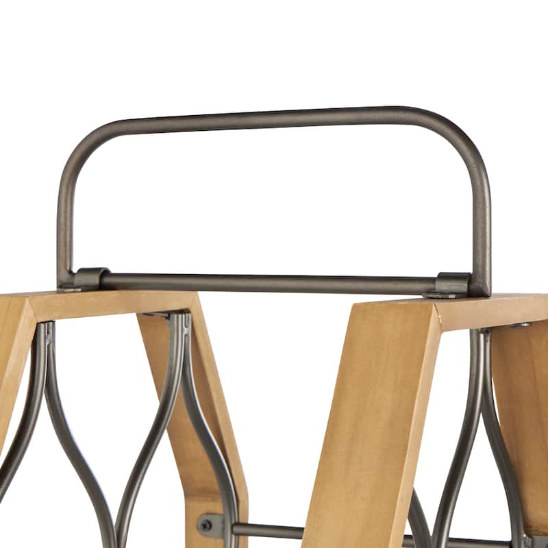 Brown Wood 11 or 8 Slot Geometric Wine Rack with Gray Metal Curved teardrop or Hexagon Holders